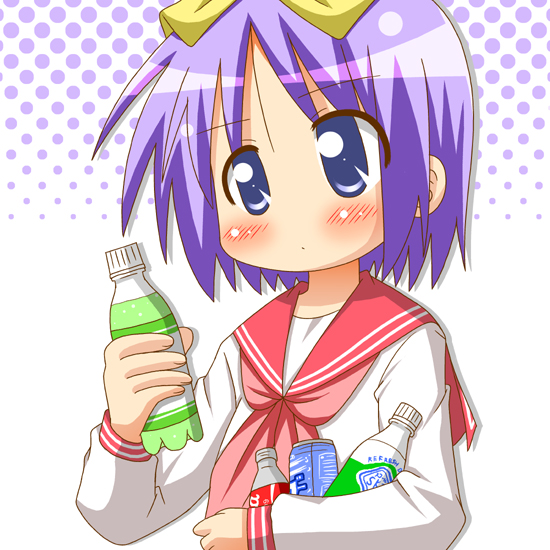 minami (colorful palette), hiiragi tsukasa, lucky star, 00s, blue eyes, bottle, can, purple hair, school uniform, serafuku, short hair, solo