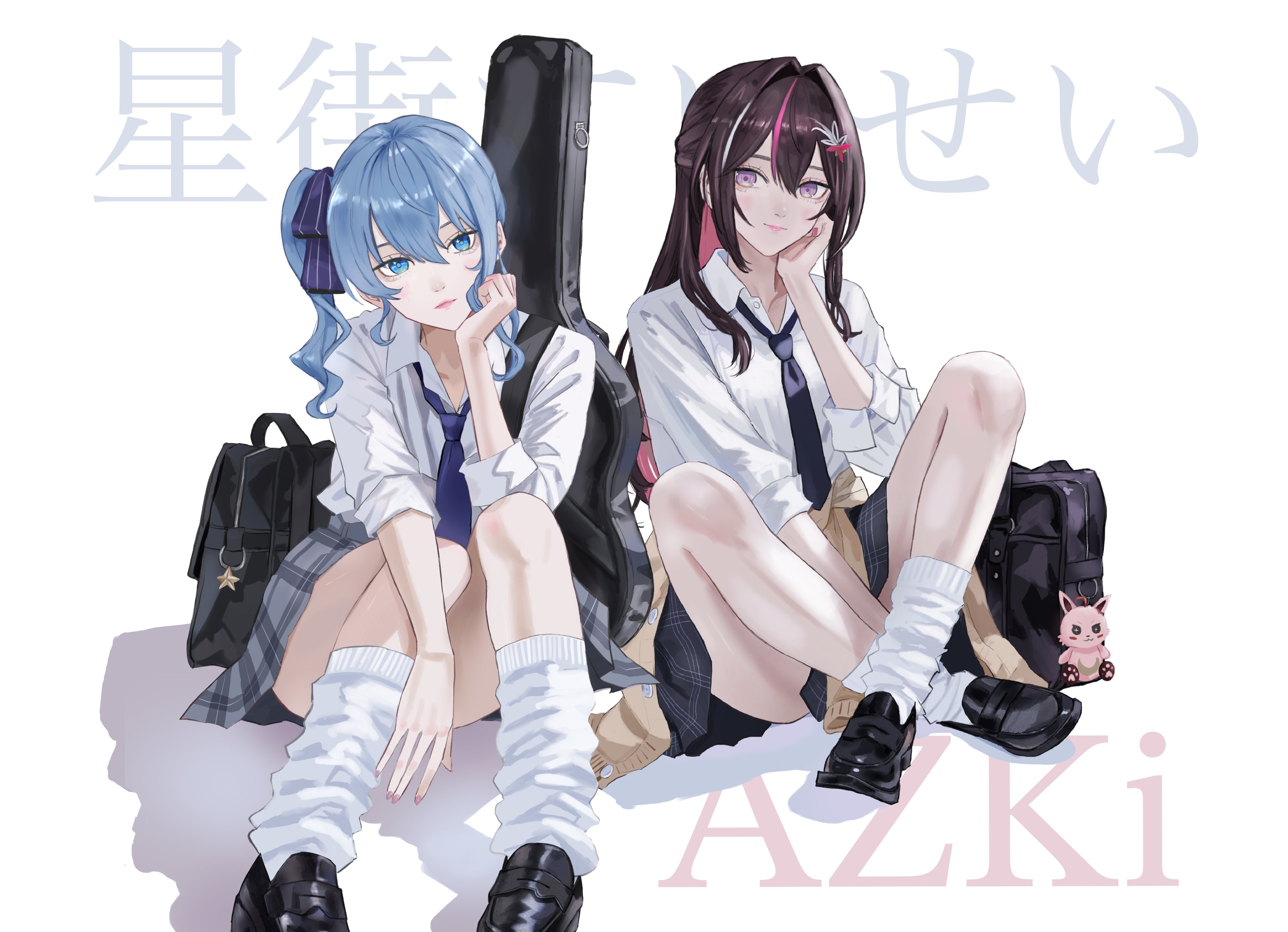 dhbwinner, azki (hololive), hoshimachi suisei, hololive, absurdres, commentary request, highres, 2girls, alternate costume, asymmetrical sidelocks, black bag, black necktie, black skirt, blue eyes, blue hair, blue necktie, blue ribbon, character name, clothes around waist, collared shirt, colored inner hair, crossed ankles, double-parted bangs, flower hairpin, full body, grey skirt, guitar case, hair between eyes, hair ribbon, hand on own cheek, hand on own chin, hand on own face, hand up, instrument case, instrument case on back, kneehighs, knees together feet apart, knees up, loafers, long hair, looking at viewer, loose necktie, loose socks, medium hair, miniskirt, multicolored hair, multiple girls, necktie, pink hair, plaid clothes, plaid skirt, pleated skirt, purple eyes, purple hair, ribbon, school uniform, shirt, shoes, side ponytail, sidelocks, simple background, sitting, skirt, sleeves rolled up, socks, star (symbol), star in eye, sweater, sweater around waist, symbol in eye, virtual youtuber, white background, white shirt