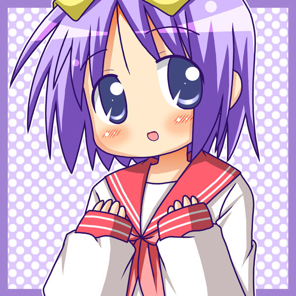 minami (colorful palette), hiiragi tsukasa, lucky star, 00s, blue eyes, purple hair, school uniform, serafuku, short hair, solo