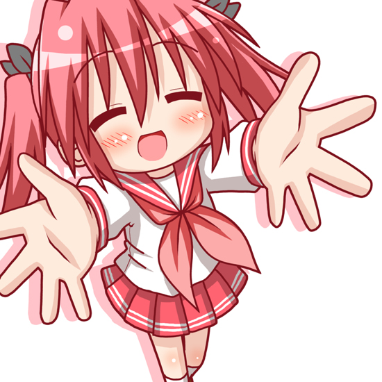 minami (colorful palette), kobayakawa yutaka, lucky star, 00s, o/, arms up, blush, chibi, closed eyes, happy, open mouth, outstretched arms, pink hair, red hair, ribbon, school uniform, serafuku, short twintails, smile, solo, twintails