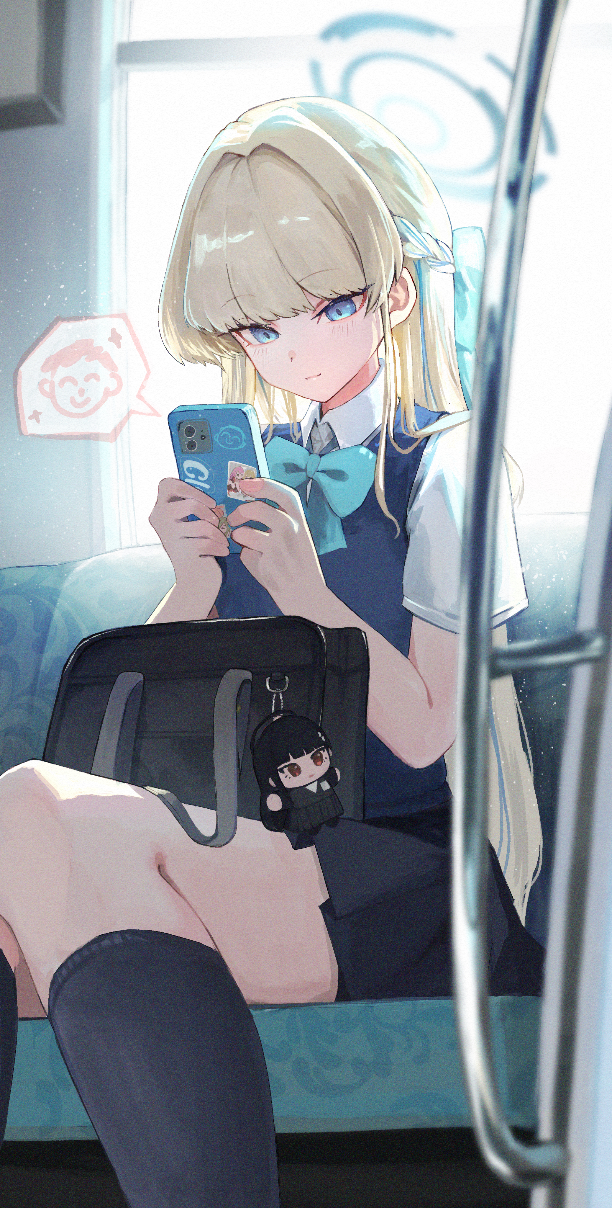 koyuuuuuuuuuuu, rio (blue archive), toki (blue archive), toki (school uniform) (blue archive), blue archive, absurdres, highres, 1girl, bag, bag charm, black hair, black skirt, blonde hair, blue bow, blue eyes, blue halo, bow, bowtie, breasts, cellphone, character charm, charm (object), chibigurumi, collared shirt, halo, holding, holding phone, long hair, phone, pleated skirt, red eyes, school uniform, shirt, short sleeves, sitting, skirt, smartphone, solo, subway, sweater vest, white shirt