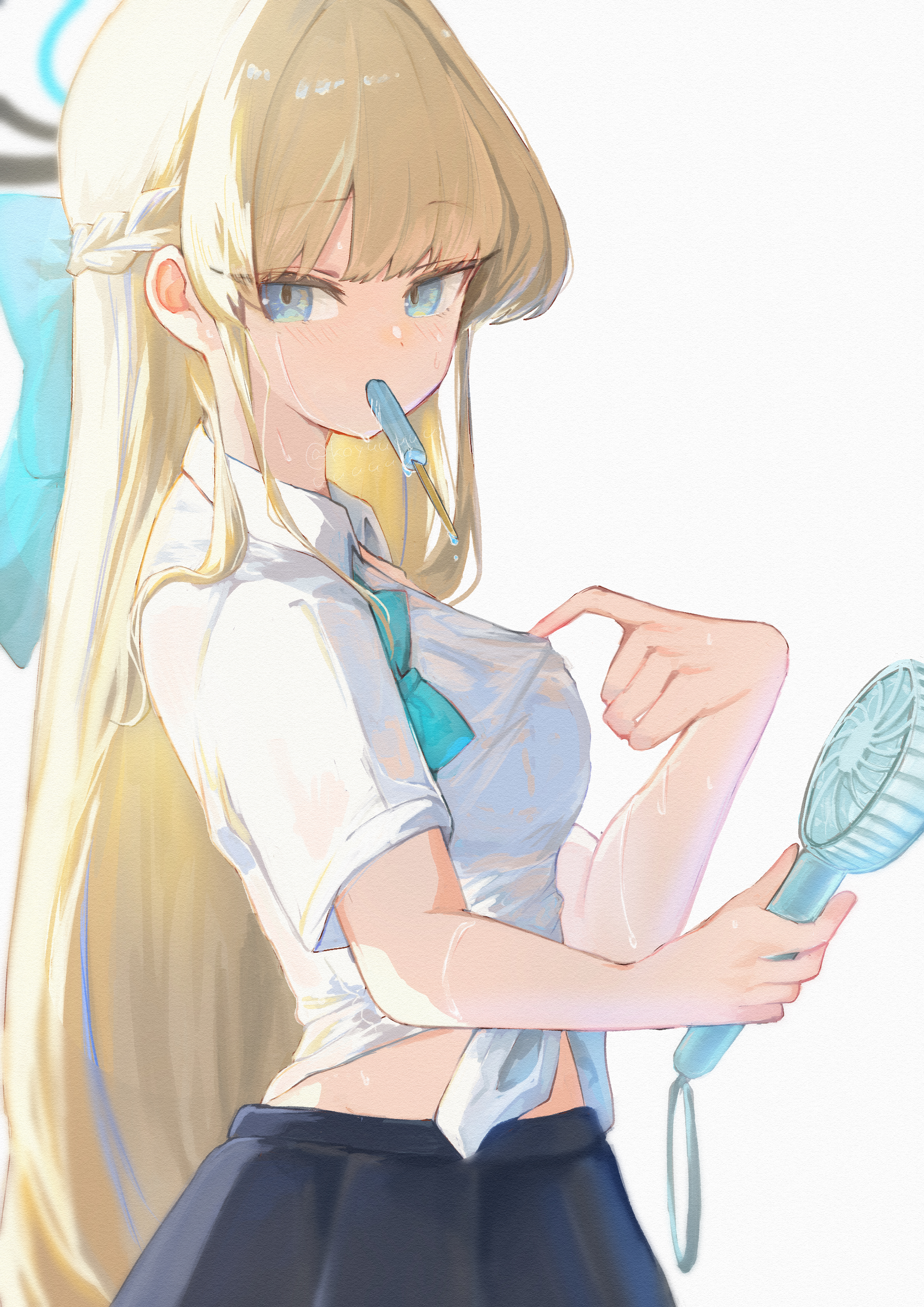 koyuuuuuuuuuuu, toki (blue archive), blue archive, absurdres, commentary request, highres, 1girl, blonde hair, blue eyes, blue halo, blue skirt, bow, braid, breasts, electric fan, food, food in mouth, halo, hand fan, holding, holding fan, long hair, looking at viewer, melting popsicle, midriff, pleated skirt, popsicle, popsicle in mouth, school uniform, shirt, short sleeves, simple background, skirt, solo, white background, white shirt