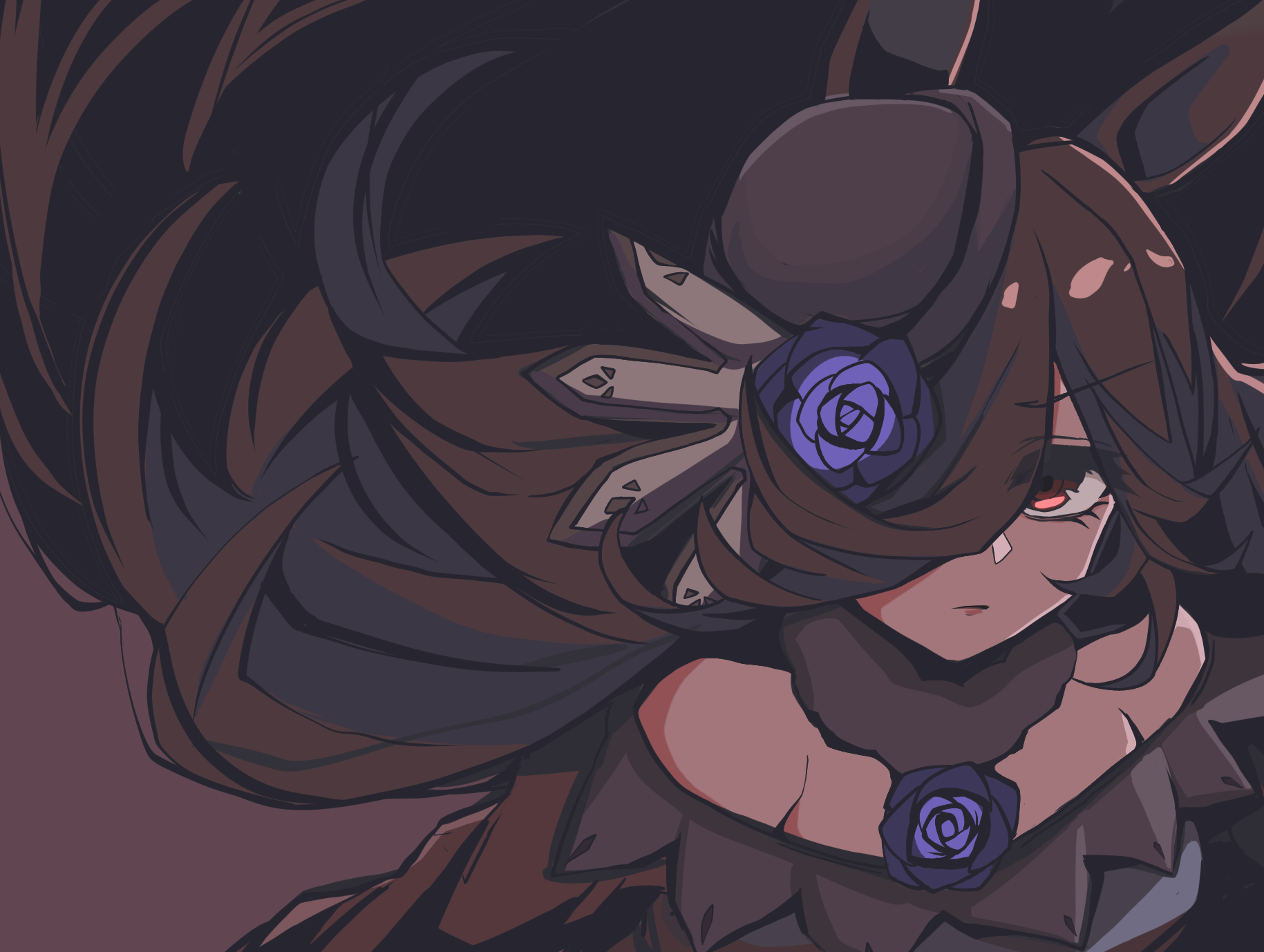 kawamochi (tddm3573), rice shower (rosy dreams) (umamusume), rice shower (umamusume), umamusume, commentary request, highres, 1girl, animal ears, bare shoulders, black hat, blue flower, blue rose, brown hair, closed mouth, dress, floating hair, flower, hair over one eye, hat, hat flower, horse ears, long hair, looking at viewer, off-shoulder dress, off shoulder, red eyes, rose, solo, tilted headwear, v-shaped eyebrows, very long hair