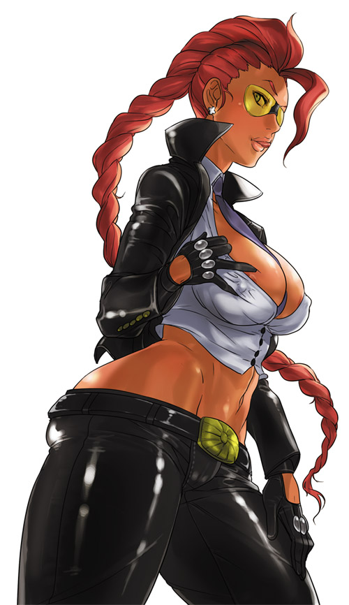 nam (nam990902), nanboku, crimson viper, capcom, street fighter, street fighter iv (series), 1girl, braid, breasts, cleavage, clothes pull, covered erect nipples, dark-skinned female, dark skin, female focus, gloves, hip focus, huge breasts, leather, long hair, midriff, naughty face, pompadour, red hair, shirt pull, solo, sunglasses, wide hips