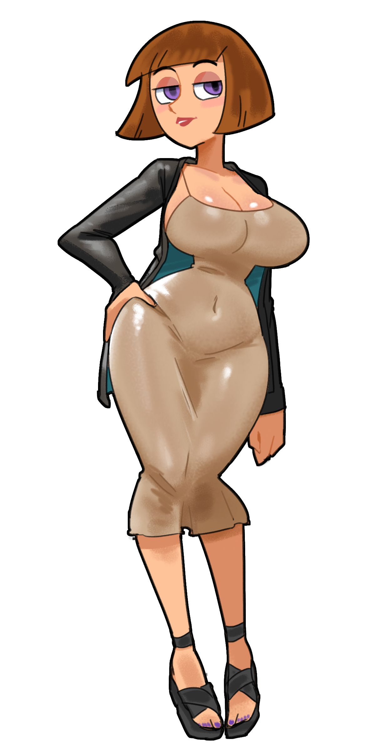 minuspal, maddie fenton, danny phantom, absurdres, highres, source request, 1girl, blush, bob cut, breasts, brown hair, cleavage, covered navel, curvy, dress, hand on own hip, jacket, large breasts, looking at viewer, no bra, open clothes, open jacket, purple eyes, shiny skin, short hair, standing, transparent background, wide hips