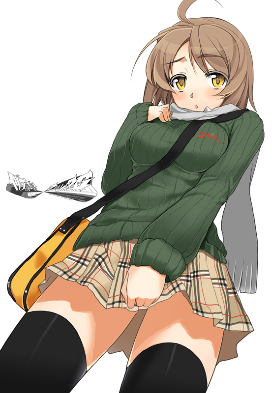 char, original, 1girl, ahoge, bag, blush, brown hair, female focus, green shirt, scarf, shirt, short hair, skirt, solo, sweater, thighhighs, yellow eyes, zettai ryouiki