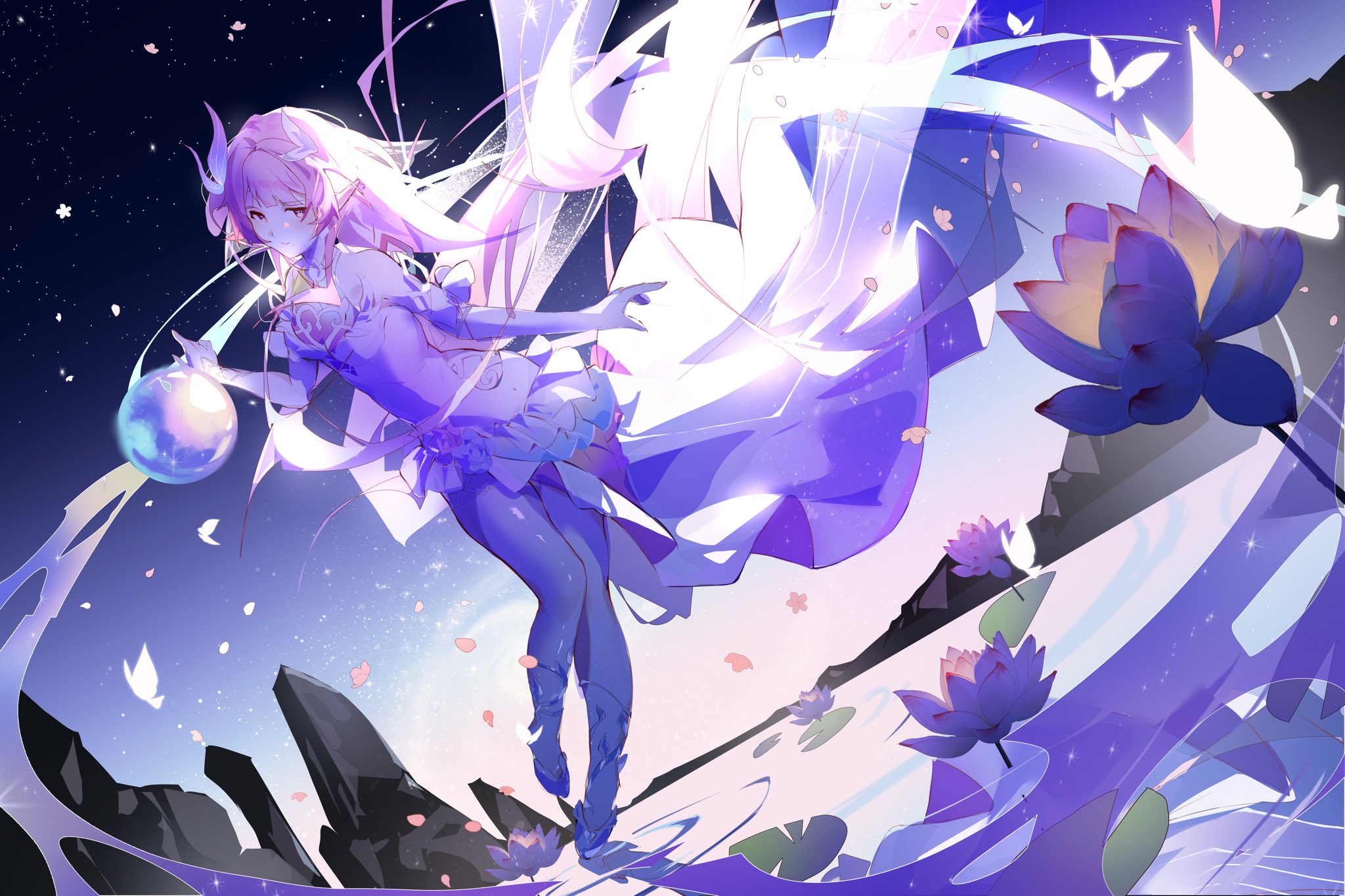 cyrene (honkai: star rail), cyrene (ripples of past reverie) (honkai: star rail), honkai: star rail, honkai (series), commentary, english commentary, highres, 1girl, breasts, bug, butterfly, dress, full moon, insect, leaf, long hair, medium breasts, meyimai, moon, night, night sky, outdoors, pink hair, pointy ears, purple eyes, sky, solo, standing, standing on liquid, star (sky), starry sky, very long hair, white dress