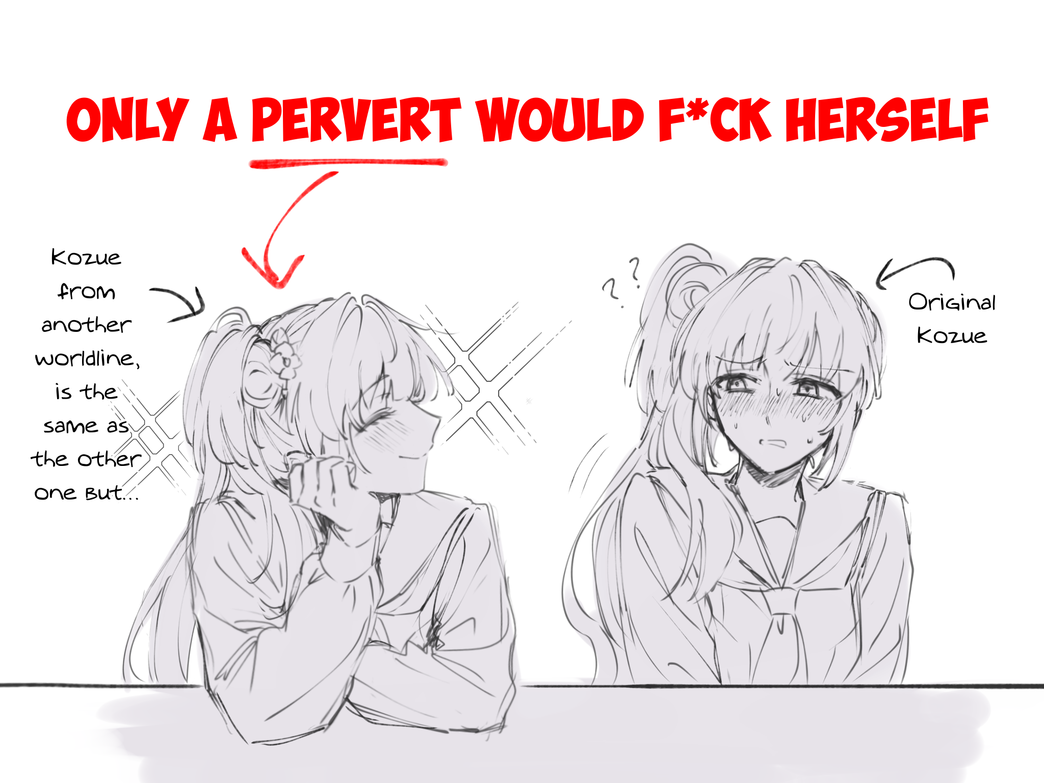 zenma trang, otomune kozue, link! like! love live!, love live!, commentary, english commentary, highres, 2girls, arm support, arrow (symbol), blush, dual persona, elbows on table, english text, facing another, false smile, flower, greyscale, hair bun, hair flower, hair ornament, hasu no sora school uniform, long hair, long sleeves, looking at another, monochrome, multiple girls, neckerchief, nervous sweating, nose blush, sailor collar, school uniform, side ponytail, sidelocks, single side bun, smile, spot color, sweat, virtual youtuber, winter uniform