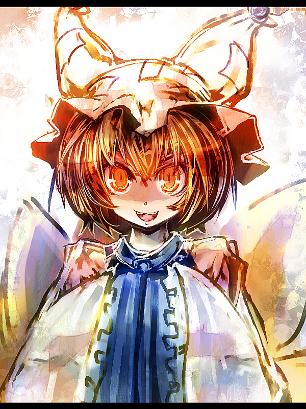 ukyo rst, yakumo ran, touhou, 1girl, :d, animal ears, animal hat, blonde hair, bob cut, female focus, fox ears, fox tail, frills, hands in opposite sleeves, hat, letterboxed, long sleeves, looking at viewer, mob cap, multiple tails, open mouth, own hands together, shaded face, short hair, sleeves past wrists, slit pupils, smile, solo, tail, upper body, wide sleeves, yellow eyes