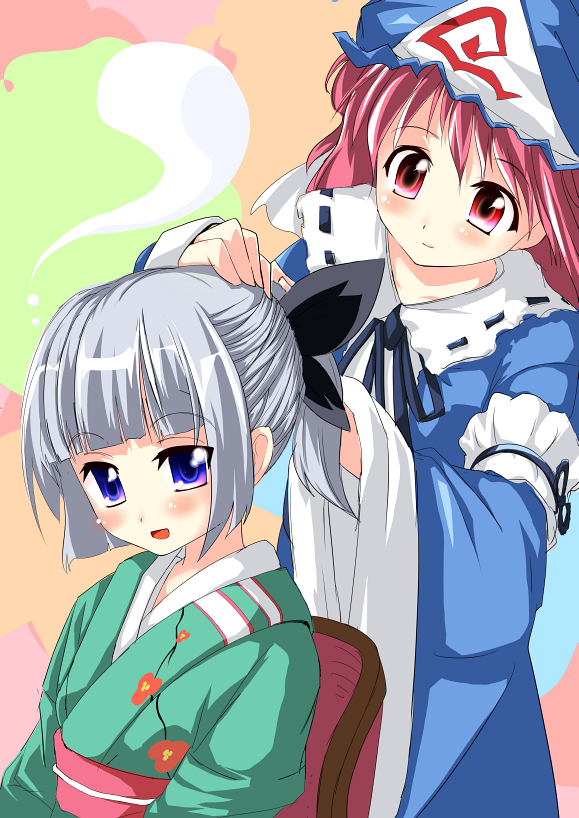 tsukushi sasa, konpaku youmu, konpaku youmu (ghost), saigyouji yuyuko, touhou, bad id, bad pixiv id, 2girls, alternate hairstyle, blush, female focus, hitodama, japanese clothes, kimono, multiple girls, ponytail