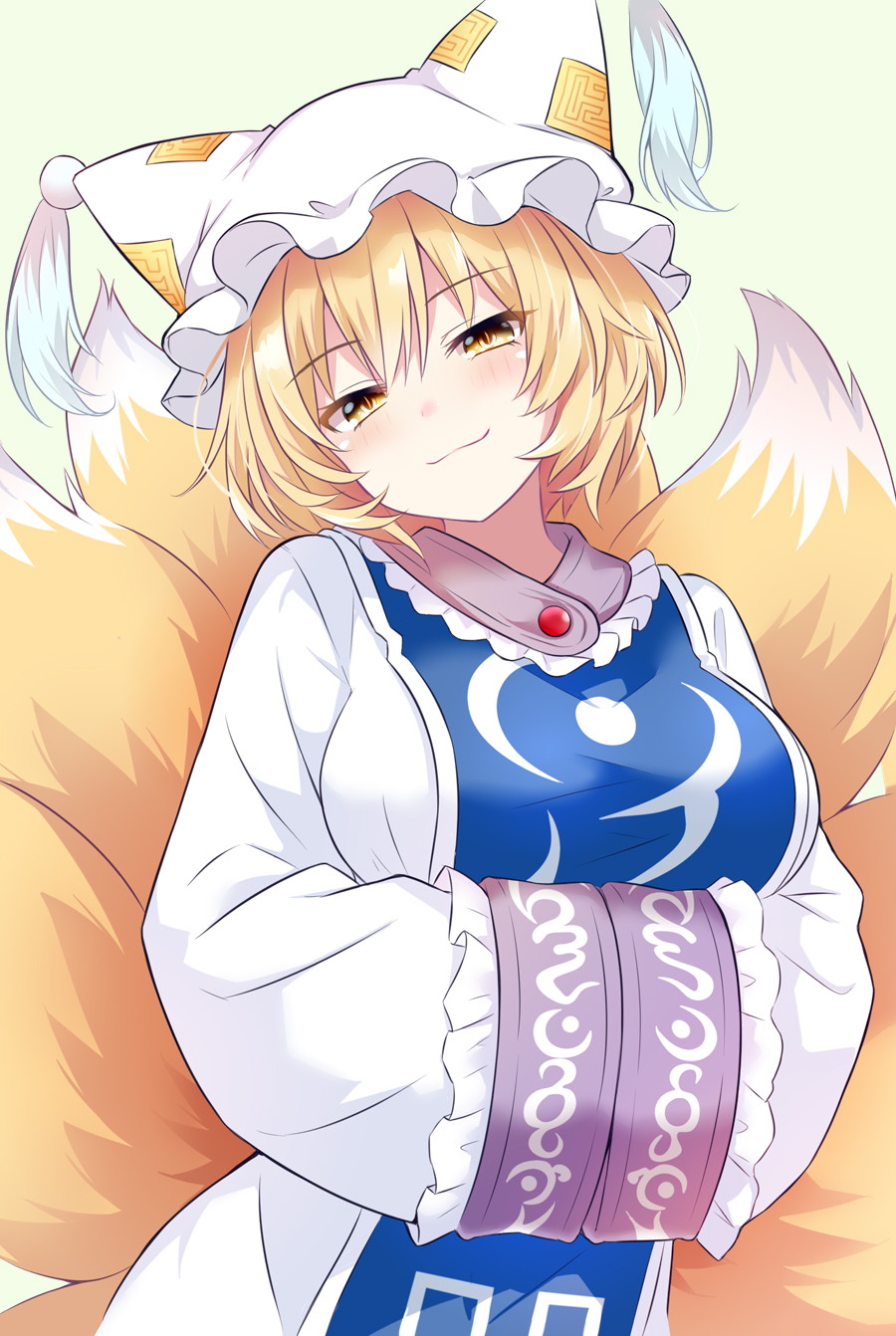 tanaka shoushou fumimaro, yakumo ran, touhou, highres, 1girl, animal ears, animal hat, blonde hair, blue tabard, breasts, dress, fox ears, fox tail, hands in opposite sleeves, hat, large breasts, long sleeves, looking at viewer, mob cap, multiple tails, short hair, slit pupils, smile, solo, tabard, tail, white dress, white hat, wide sleeves, yellow eyes