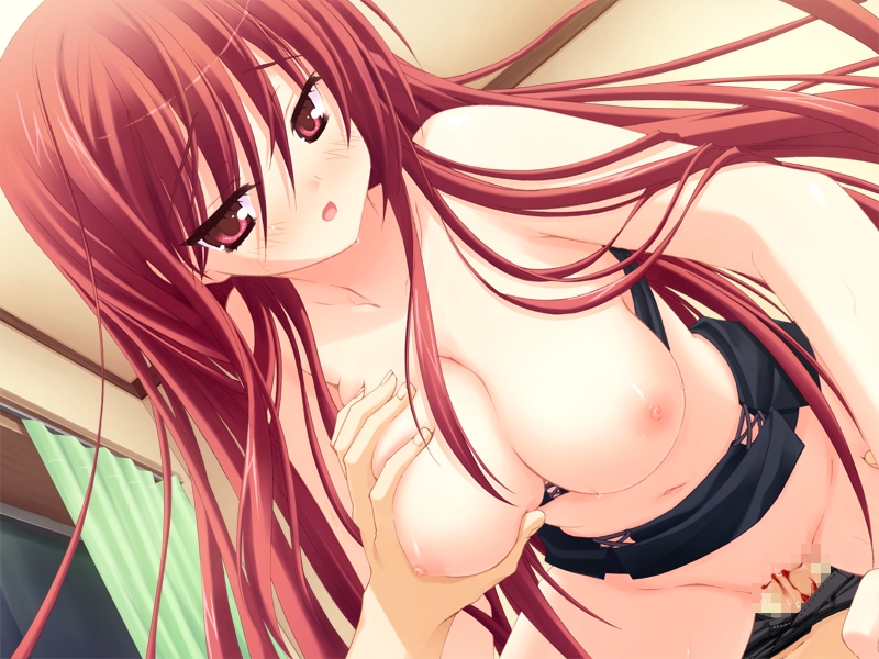 kobuichi, muririn, kifune mio, empty x embryo, game cg, 1girl, blood, blush, breasts, breasts squeezed together, censored, cowgirl position, defloration, girl on top, grabbing another's breast, groping, hanging breasts, huge breasts, large breasts, long hair, mosaic censoring, nipples, penis, pussy, red eyes, red hair, sex, solo focus, spread legs, straddling, sweat, vaginal, very long hair
