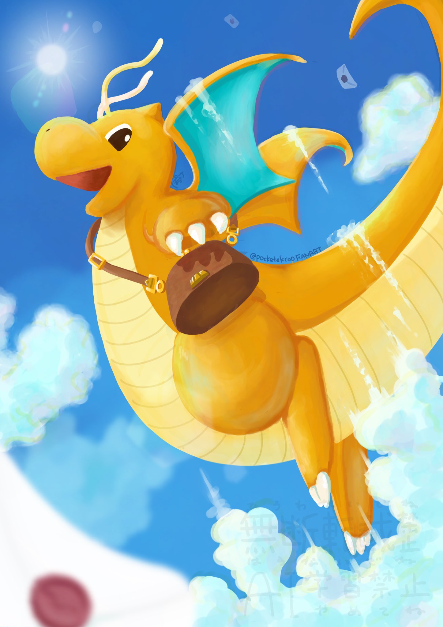 pocketekcop, dragonite, nintendo, pokemon, highres, bag, blue sky, claws, cloud, colored skin, dragon, flying, gen 1 pokemon, horns, letter, no humans, open mouth, orange skin, outdoors, pokemon (creature), pokemon focus, shoulder bag, single horn, sky, smile, tail, wings