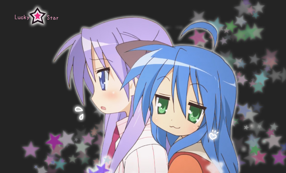 hiiragi kagami, izumi konata, lucky star, 00s, 2girls, :3, ahoge, blue eyes, blue hair, blush, copyright name, flying sweatdrops, green eyes, heart, long hair, looking at viewer, mole, mole under eye, multiple girls, purple hair, simple background, star (symbol), sweat, twintails