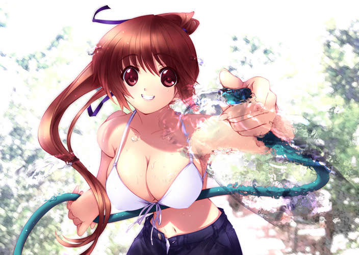 iizuki tasuku, kasumi (doa), dead or alive, tecmo, 1girl, bikini, breasts, cleavage, denim, female focus, front-tie top, grin, hair ribbon, happy, hose, jeans, large breasts, looking at viewer, o-ring, o-ring top, panties, pants, ponytail, red eyes, red hair, ribbon, smile, solo, strap gap, swimsuit, underwear, water, white bikini