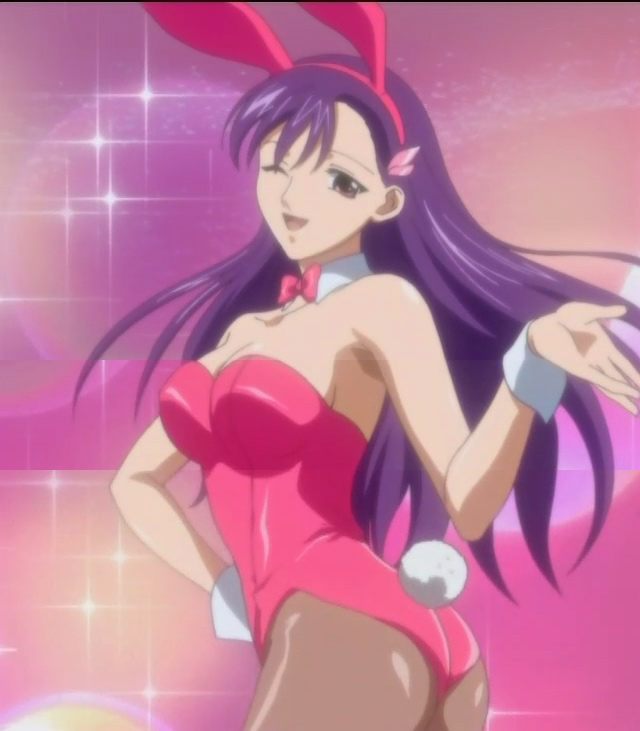lavinia liberus, soukou no strain, anime screenshot, stitched, third-party edit, 00s, 1girl, animal ears, bishie sparkle, black hair, bow, bowtie, brown eyes, fake animal ears, female focus, happy, pantyhose, playboy bunny, rabbit ears, solo, sparkle