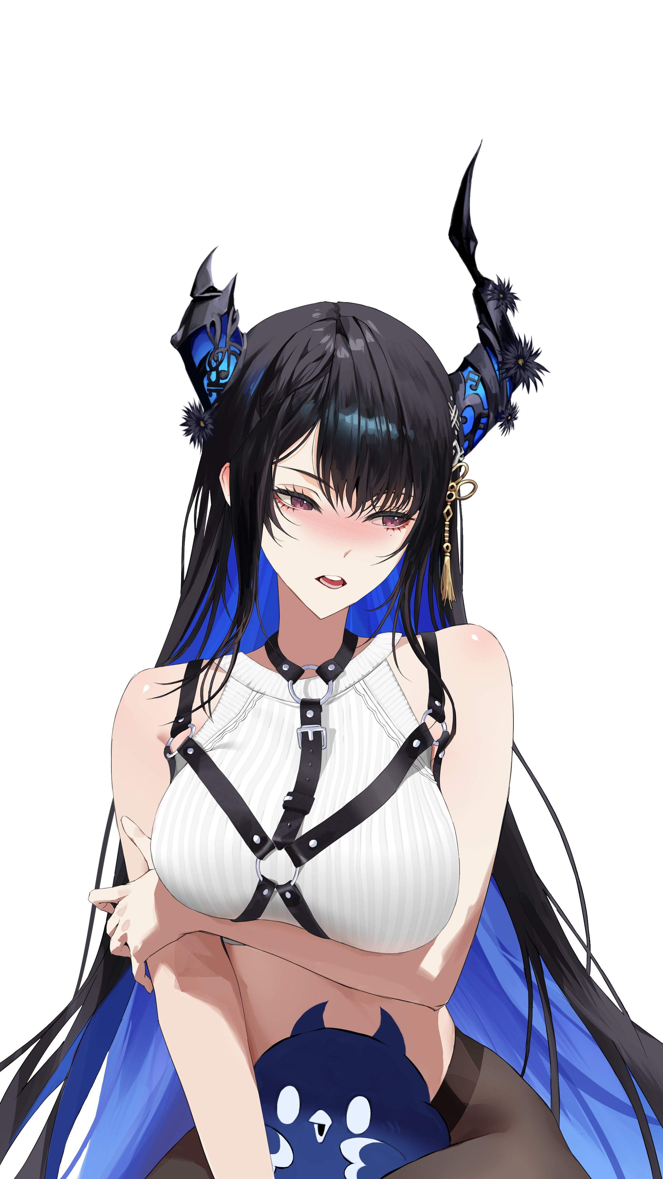thekaiyip, jailbird (nerissa ravencroft), nerissa ravencroft, hololive, hololive english, absurdres, commentary, highres, 1girl, arm under breasts, asymmetrical horns, averting eyes, black hair, black pantyhose, blue hair, blush, breasts, chest harness, colored inner hair, cropped shirt, cum, cum on body, flower, flower knot, hair ornament, harness, holding own arm, horn flower, horns, large breasts, long hair, mole, mole under eye, multicolored hair, o-ring, o-ring harness, open mouth, pantyhose, purple eyes, ribbed shirt, shirt, sidelocks, simple background, sleeveless, sleeveless shirt, solo, tassel, tassel hair ornament, uneven horns, very long hair, virtual youtuber, white background, white shirt