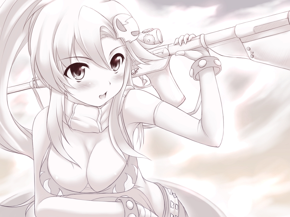 uni8, yoko littner, tengen toppa gurren lagann, 00s, 1girl, asymmetrical clothes, asymmetrical gloves, belt, bikini, bikini top only, blush, bracelet, breasts, cleavage, elbow gloves, female focus, gloves, gun, hair ornament, jewelry, large breasts, leaning forward, long hair, monochrome, open mouth, ponytail, purple theme, rifle, scarf, single elbow glove, single glove, solo, swimsuit, uneven gloves, weapon