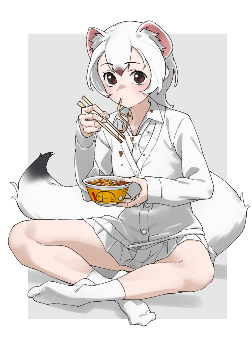 tanabe (fueisei), stoat (kemono friends), kemono friends, commentary, highres, 1girl, animal ear fluff, animal ears, bare legs, bowl, brown eyes, chopsticks, dirty, dirty clothes, eating, extra ears, food, food in mouth, full body, grey background, hair between eyes, holding, holding bowl, holding chopsticks, indian style, instant udon, jacket, long hair, long sleeves, looking at viewer, miniskirt, neckerchief, no shoes, noodles, pleated skirt, shirt, simple background, sitting, skirt, socks, solo, tail, weasel ears, weasel girl, weasel tail, white jacket, white neckerchief, white shirt, white skirt, white socks