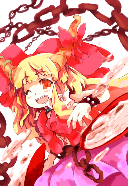 umitsuki, ibuki suika, touhou, bad id, bad pixiv id, 1girl, chain, female focus, horns, ribbon, solo, wink