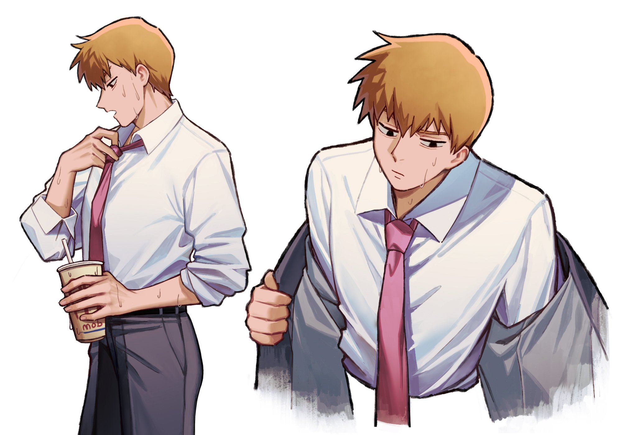 reigen arataka, mob psycho 100, commentary, english commentary, highres, 1boy, belt, black belt, black eyes, black pants, blonde hair, closed mouth, collared shirt, cowboy shot, cup, disposable cup, drinking straw, empty eyes, formal clothes, grey jacket, hair between eyes, half-closed eyes, hands up, holding, holding cup, jacket, kirika nan, long sleeves, looking down, male focus, multiple views, necktie, open clothes, open jacket, open mouth, pants, pink necktie, pocket, shirt, short hair, simple background, standing, sweat, upper body, white background, white shirt