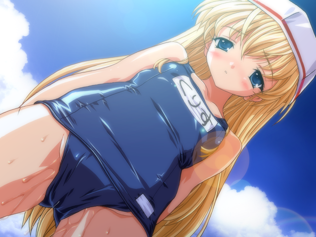 blue eyes, blush, cameltoe, flat chest, hat, long hair, pussy juice, spread legs, swimsuit, very long hair