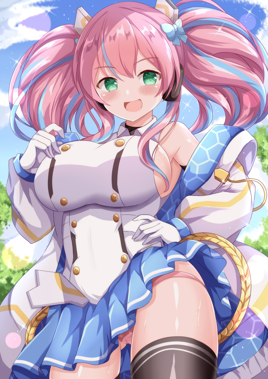 xenon (for achieve), selene cheryl (chunithm), chunithm, commentary request, commission, highres, pixiv commission, 1girl, black thighhighs, blue bow, blue hair, blue skirt, blue sky, blush, bow, breasts, bush, buttons, cloud, coat, double-breasted, gloves, green eyes, hair bow, hair ornament, large breasts, long hair, looking at viewer, multicolored hair, outdoors, panties, pink hair, pink panties, pleated skirt, shirt, sidelocks, skirt, sky, solo, standing, streaked hair, thighhighs, two-tone hair, underwear, white coat, white gloves, white shirt