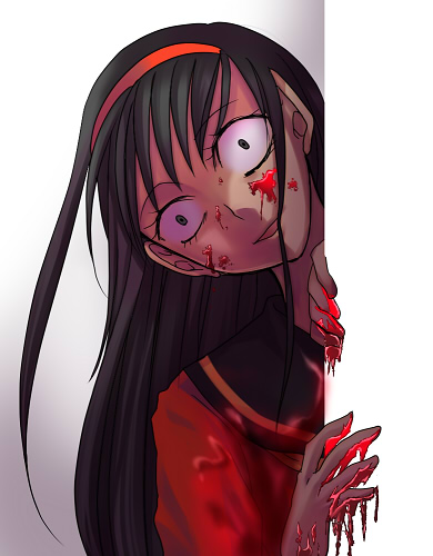 amagi yukiko, atlus, persona, persona 4, bad id, bad pixiv id, lowres, 1girl, black hair, blood, blood on face, blood on hands, constricted pupils, crazy eyes, creepy, female focus, hairband, horror (theme), long hair, open mouth, peeking out, simple background, solo, yandere