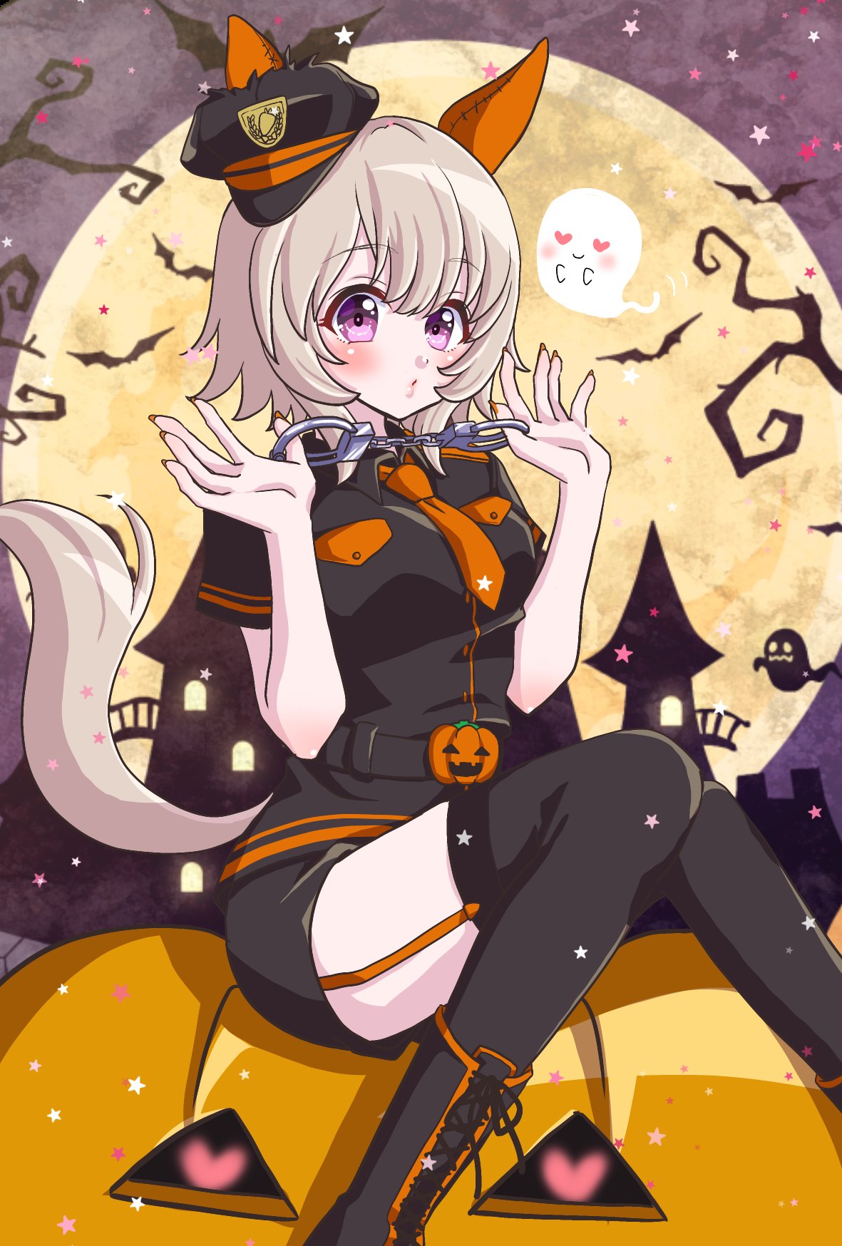 curren chan (umamusume), umamusume, highres, 1girl, alternate costume, animal ears, bat (animal), black boots, black shirt, black shorts, black thighhighs, blush, boots, breasts, cuffs, dpmgwvmgn, ear covers, ears through headwear, full moon, garter straps, ghost, grey hair, hair between eyes, halloween, halloween costume, handcuffs, hat, heart, holding, holding handcuffs, horse ears, horse girl, horse tail, looking at viewer, moon, necktie, orange necktie, pumpkin, purple eyes, shirt, short hair, short sleeves, shorts, sitting, solo, tail, thighhighs