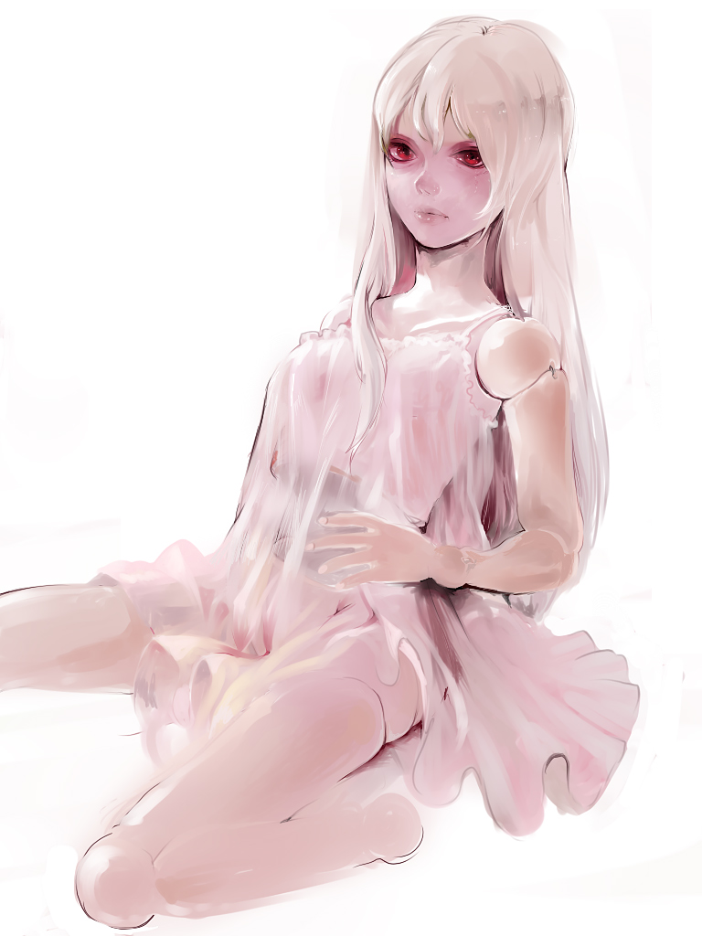 8981, suigintou, rozen maiden, bad id, bad pixiv id, 00s, 1girl, chemise, doll joints, female focus, joints, red eyes, see-through clothes, simple background, sitting, solo, white background, white hair