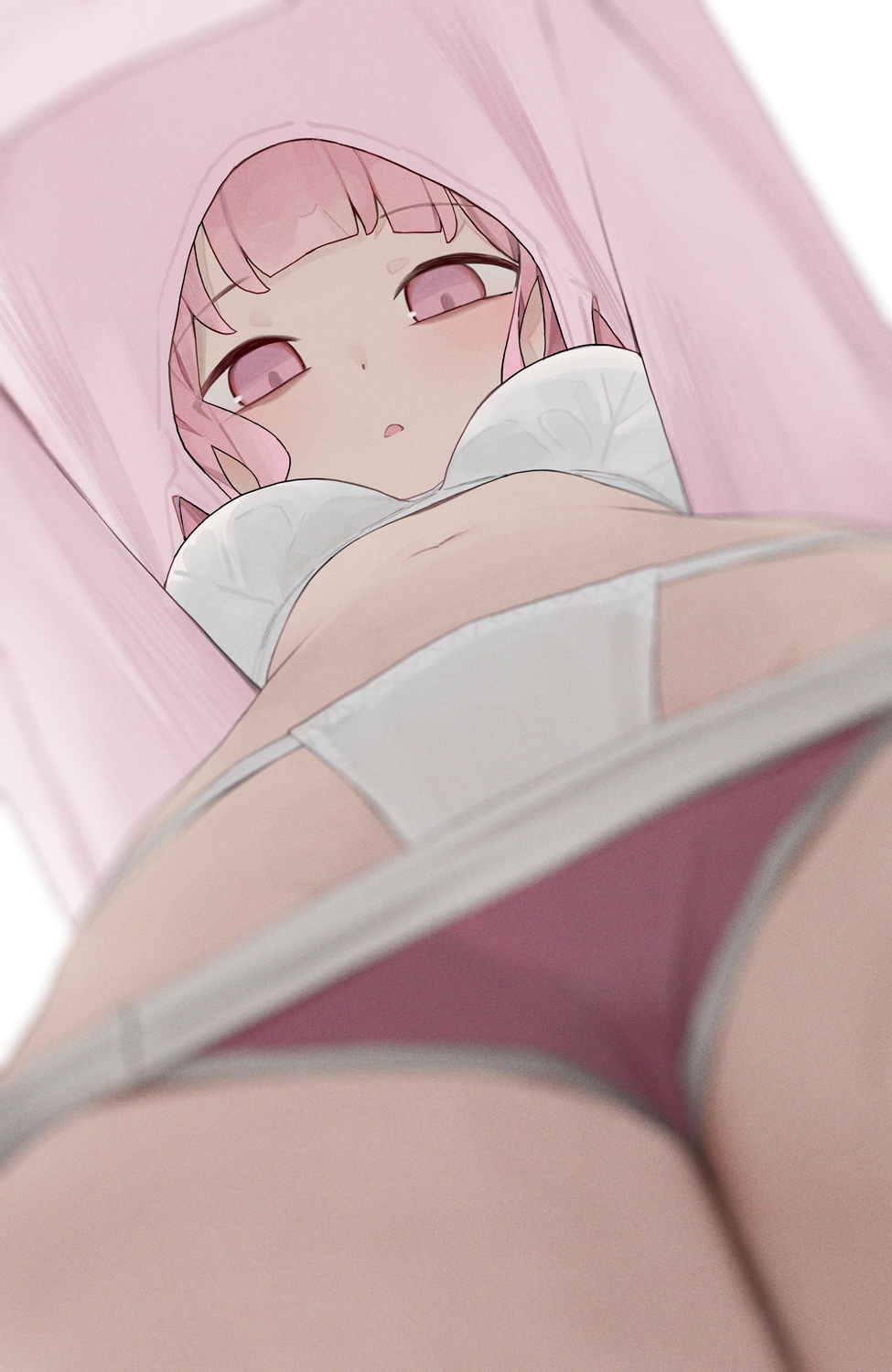 hiroki (yyqw7151), original, commentary, highres, 1girl, blurry, blurry foreground, bra, breasts, clothes lift, clothes pull, from below, lifting own clothes, looking down, medium breasts, navel, panties, pink eyes, pink hair, red shorts, shirt, shirt lift, shorts, shorts pull, solo, underwear, upshirt, white bra, white panties, white shirt
