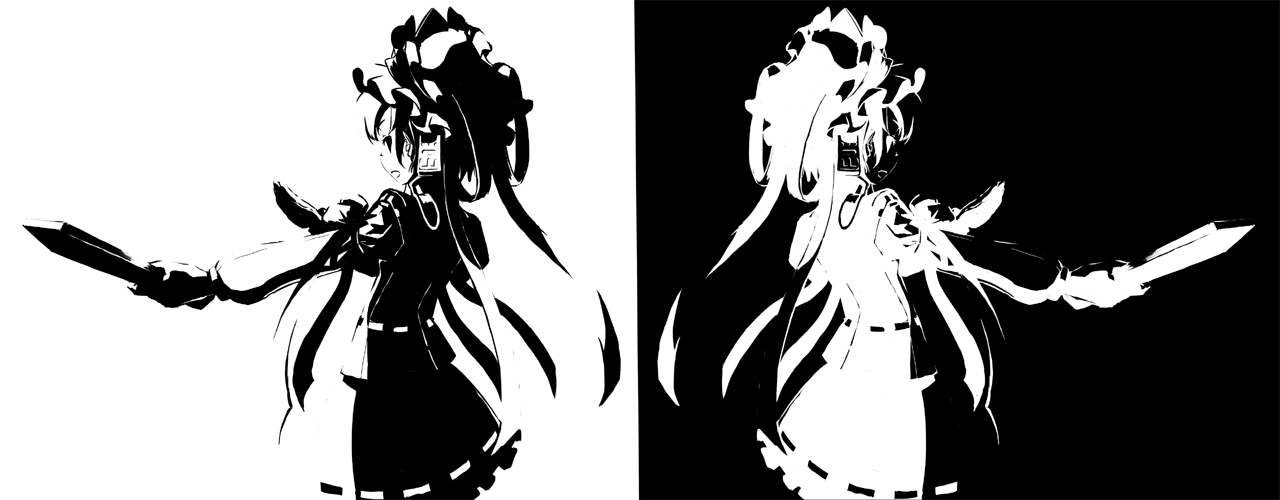 suzuki ritsu, shiki eiki, touhou, 1girl, black vs white, female focus, greyscale, hat, monochrome, multiple views, rod of remorse, white background