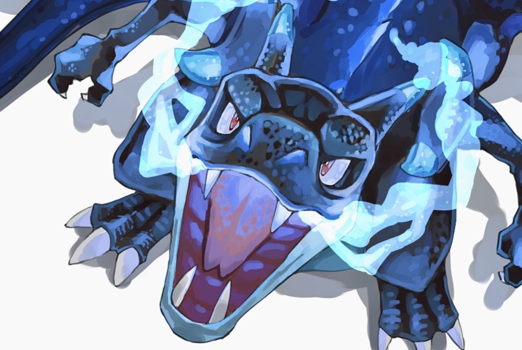 sake maguro, charizard, mega charizard x, nintendo, pokemon, arms at sides, blue fire, breath weapon, breathing fire, fire, forked tongue, from above, gen 1 pokemon, looking up, mega pokemon, no humans, open mouth, pokemon (creature), pokemon focus, red eyes, shadow, solo, standing, tongue, white background