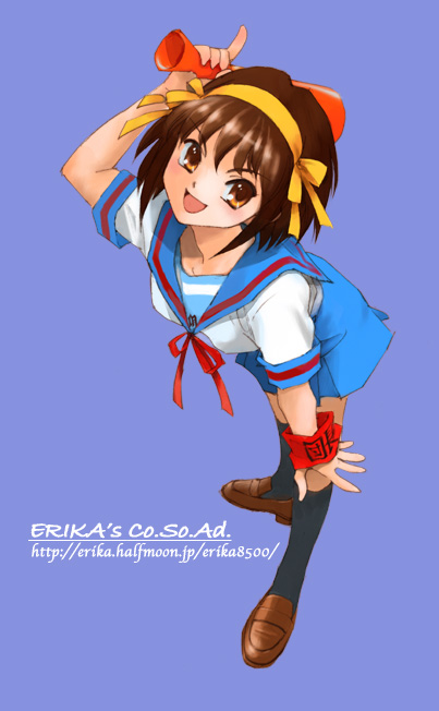 shibata masahiro, suzumiya haruhi, suzumiya haruhi no yuuutsu, 00s, armband, bent over, brown eyes, brown hair, from above, hairband, looking up, school uniform, serafuku, short hair, smile, solo