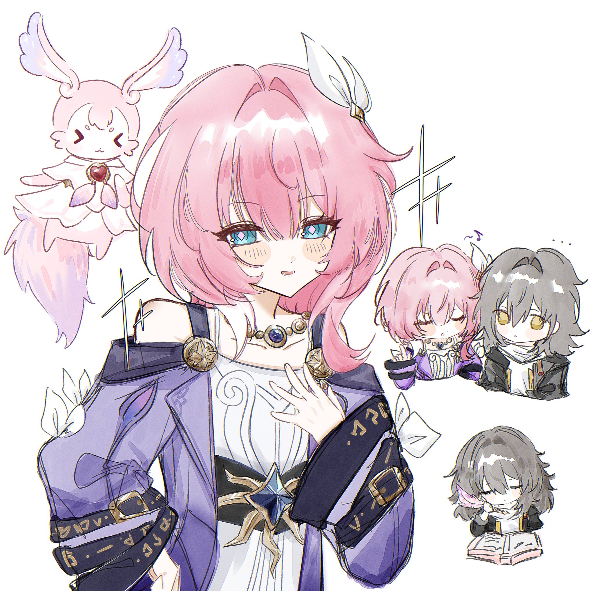 cyrene (honkai: star rail), mem (honkai: star rail), stelle (honkai: star rail), trailblazer (honkai: star rail), honkai: star rail, honkai (series), hashtag-only commentary, highres, > <, 2girls, bare shoulders, black coat, blush, book, breasts, coat, cyrene (aedes elysiae) (honkai: star rail), dress, grey hair, hand on own chest, holding, holding quill, jewelry, mu243, multicolored hair, multiple girls, necklace, open book, pink hair, purple coat, quill, shirt, short hair, simple background, small breasts, smile, two-tone hair, white background, white dress, white hair, white shirt, yellow eyes