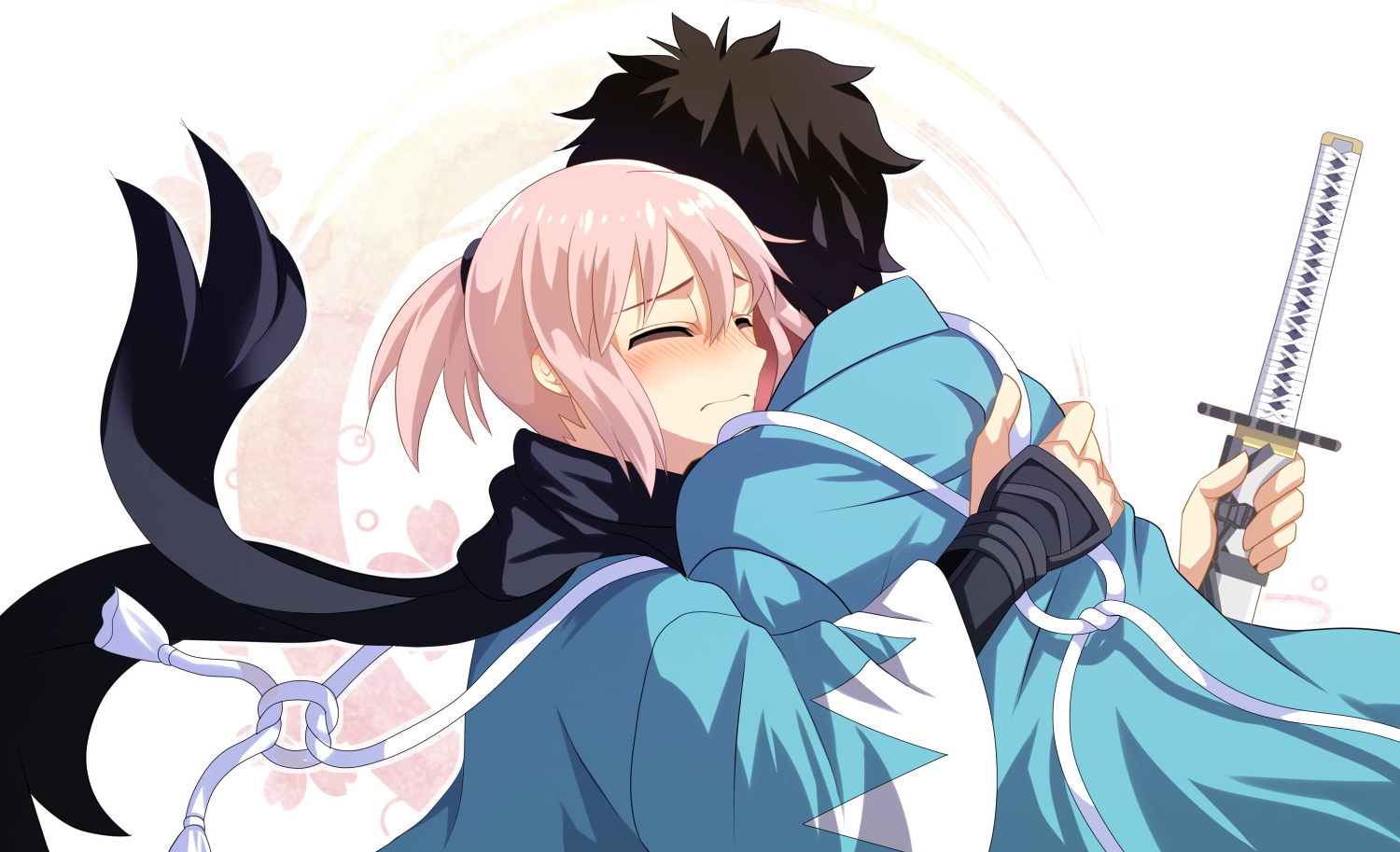 cimeri, fujimaru ritsuka (male), okita souji (fate), fate/grand order, fate (series), commentary request, 1boy, 1girl, black hair, black scarf, blue haori, blush, closed eyes, closed mouth, fujimaru ritsuka (male) (teal uniform), hair between eyes, haori, holding, holding sword, holding weapon, hug, japanese clothes, katana, official alternate costume, official alternate hairstyle, ponytail, scarf, shinsengumi, short ponytail, sword, weapon