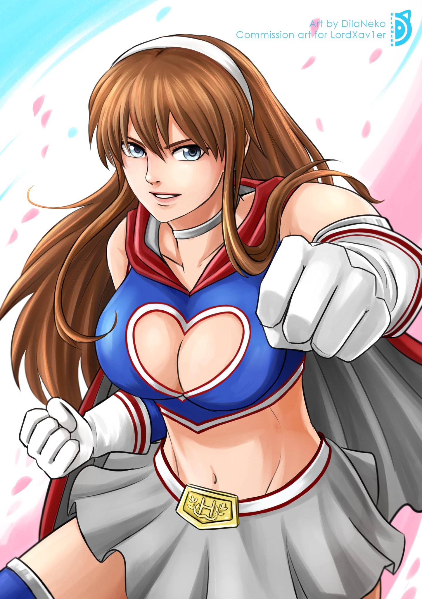 hitomi (doa), dead or alive, dead or alive 5, highres, blue eyes, blue thighhighs, breasts, brown hair, cape, choker, cleavage, cleavage cutout, clothing cutout, crop top, dilaneko, gloves, hairband, heart cutout, large breasts, long hair, midriff, official alternate costume, pink hairband, raised fist, red cape, sidelocks, skirt, thighhighs, white choker, white gloves, white skirt