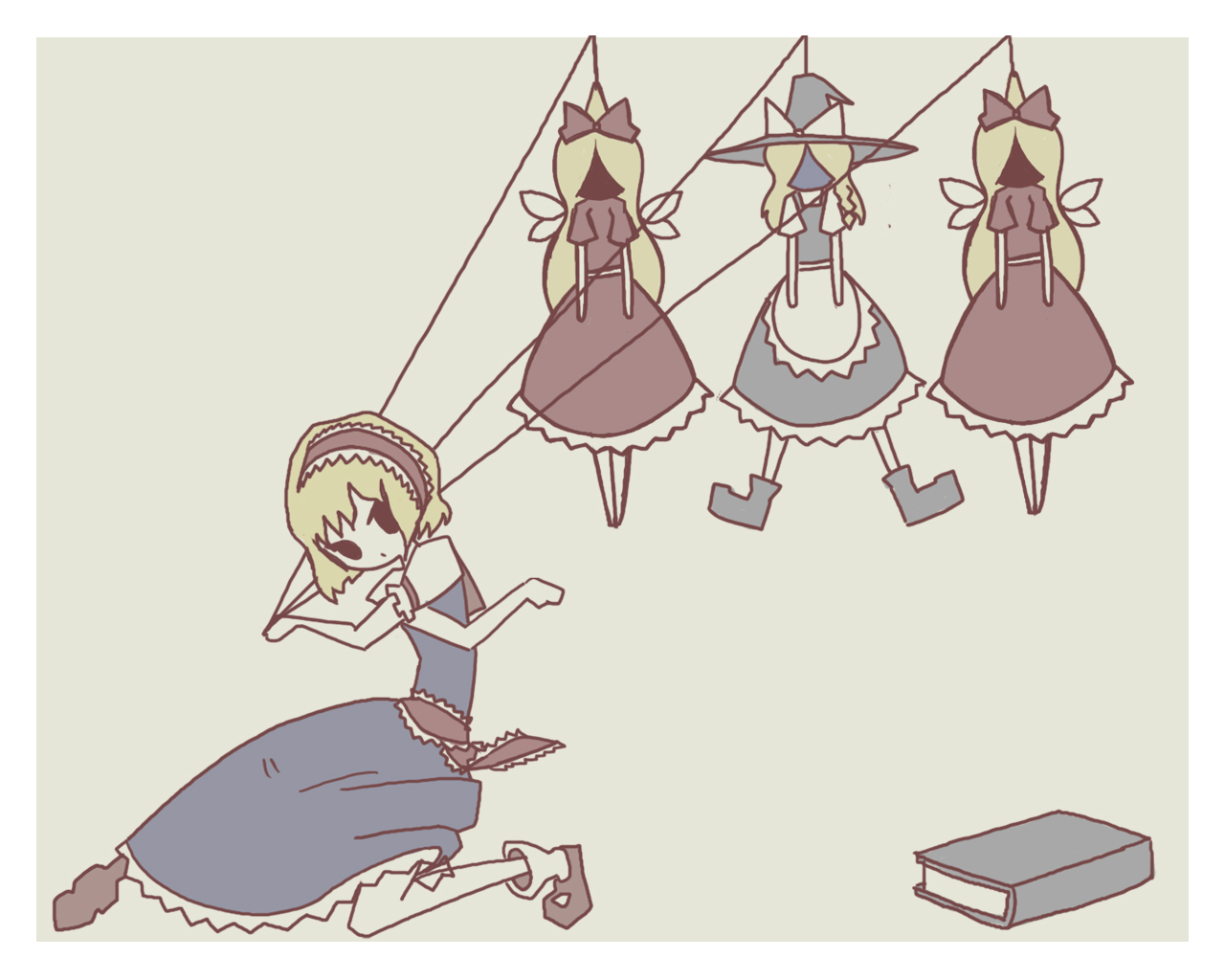 suzuki ritsu, alice margatroid, kirisame marisa, shanghai doll, touhou, 1girl, blonde hair, book, doll, dress, female focus, flat color, hairband, hat, partially colored, short hair, solo, witch, witch hat