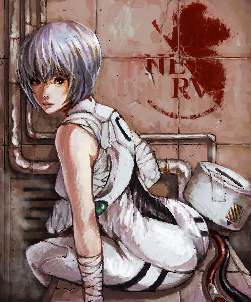 takeya, ayanami rei, neon genesis evangelion, 1girl, ass, bandages, bare shoulders, blue hair, female focus, looking back, mecha pilot suit, nerv, plugsuit (evangelion), red eyes, short hair, solo