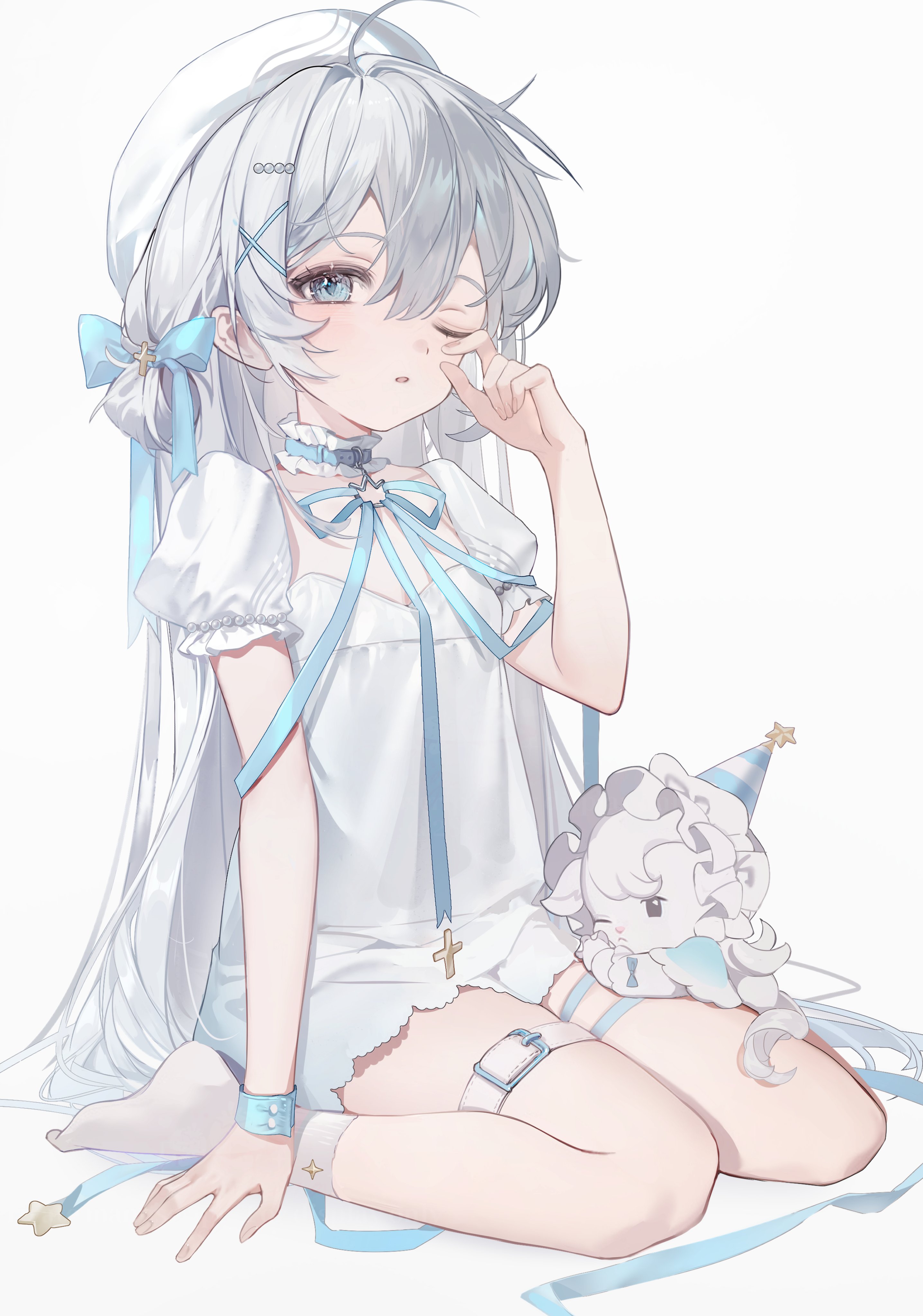2833osi, petr petrichor, indie virtual youtuber, absurdres, highres, 1girl, ahoge, ankle socks, arm support, belt, belt collar, beret, blue bow, blue eyes, blue ribbon, blush, bow, breasts, buckle, collar, cross, dress, frilled collar, frilled sleeves, frills, full body, grey hair, hair between eyes, hair bow, hair ornament, hair ribbon, hairclip, hand up, hat, long hair, looking at viewer, neck ribbon, no shoes, one eye closed, parted lips, party hat, puffy short sleeves, puffy sleeves, ribbon, rubbing eyes, short dress, short sleeves, simple background, sitting, sleepy, small breasts, socks, solo, star (symbol), stuffed toy, thigh belt, thigh strap, thighs, very long hair, virtual youtuber, wariza, white background, white dress, white hat, white socks, white theme, wristband, x hair ornament