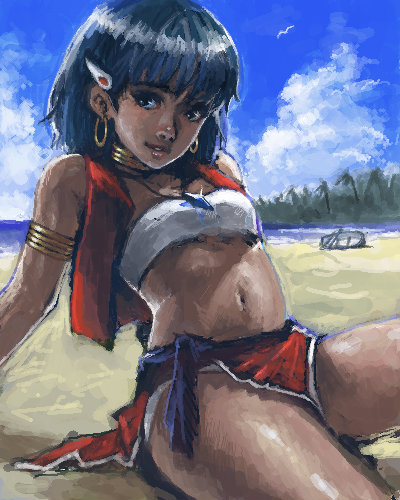 takeya, nadia la arwall, fushigi no umi no nadia, lowres, 1990s (style), 1girl, armband, armlet, bandeau, bare shoulders, beach, black eyes, black hair, bracelet, cloud, dark-skinned female, dark skin, day, earrings, female focus, hair ornament, hairclip, jewelry, loincloth, midriff, neck ring, necklace, outdoors, pelvic curtain, retro artstyle, short hair, sitting, sky, solo, strapless, tube top, vest