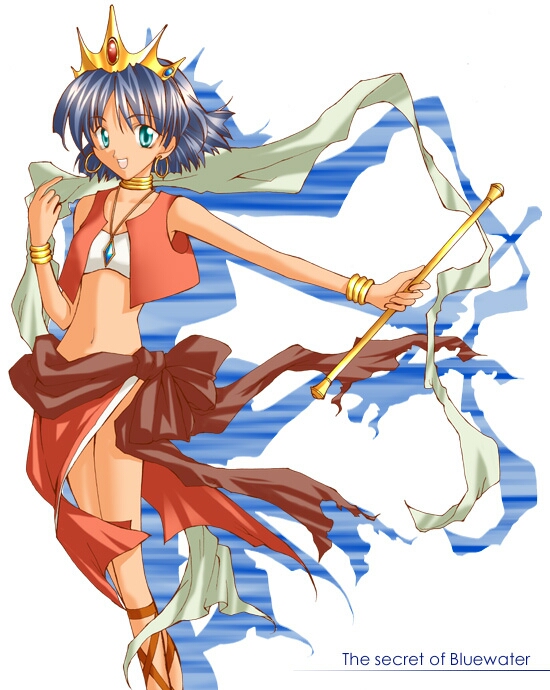 isshi, nadia la arwall, fushigi no umi no nadia, baton, 1990s (style), 1girl, ankle lace-up, bandeau, bare shoulders, blue hair, bracelet, crown, dark-skinned female, dark skin, earrings, female focus, green eyes, hat, jewelry, loincloth, midriff, navel, neck ring, necklace, pelvic curtain, retro artstyle, sandals, short hair, solo, strapless, tube top, vest, white background, wind