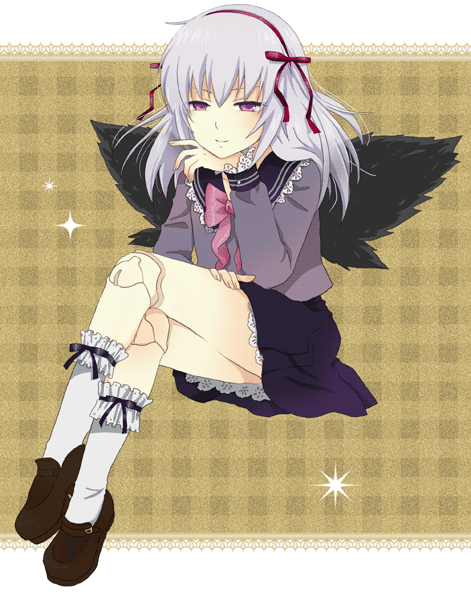 mosu, suigintou, rozen maiden, silver hair, bad id, bad pixiv id, 00s, bow, crossed legs, doll, doll joints, hair ribbon, joints, kneehighs, long hair, purple eyes, ribbon, school uniform, serafuku, sitting, skirt, socks, solo, wings