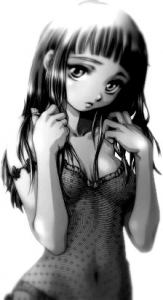 lowres, 1girl, black hair, female focus, greyscale, lingerie, long hair, monochrome, solo, underwear