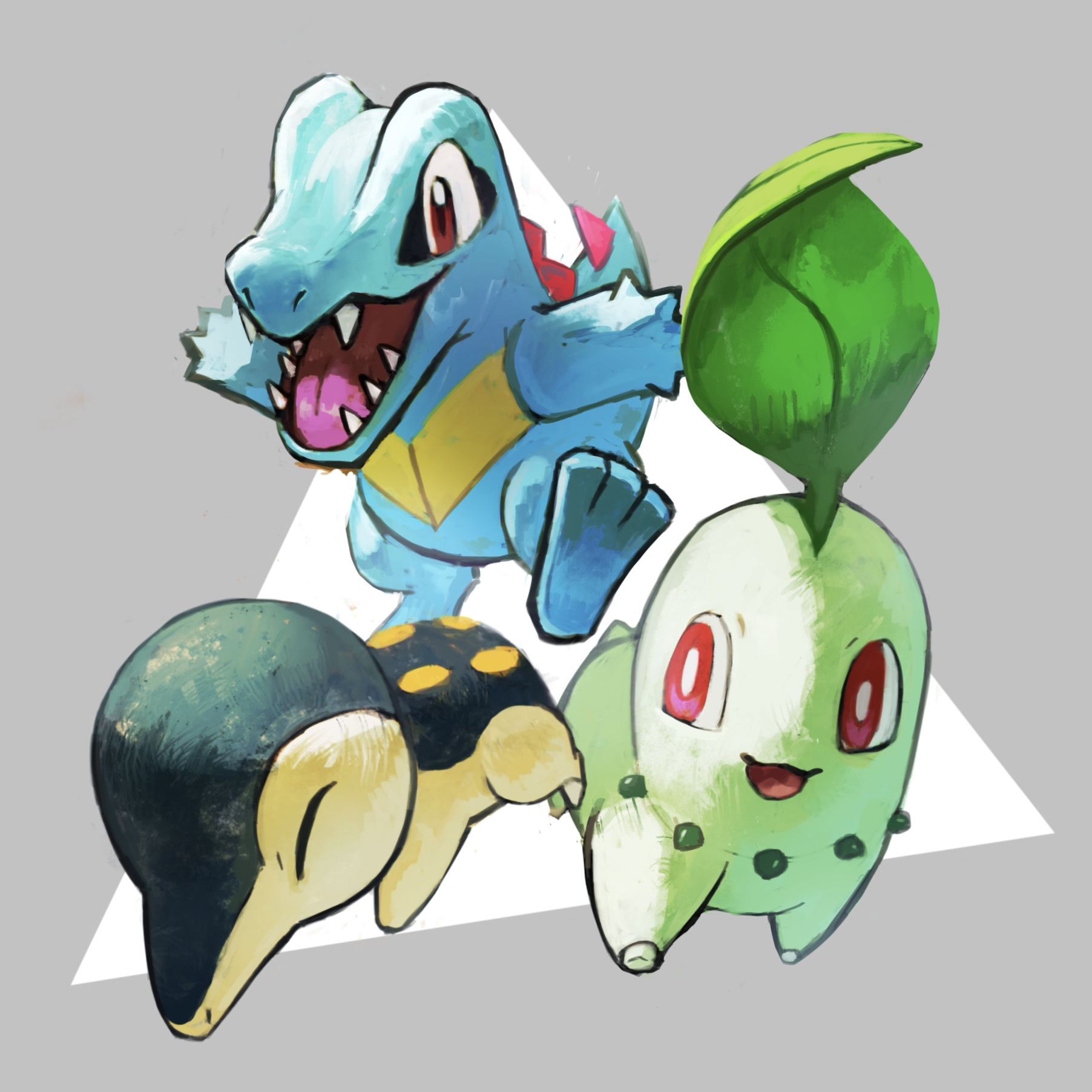 af (afloatisland), chikorita, cyndaquil, totodile, nintendo, pokemon, highres, full body, gen 2 pokemon, grey background, happy, no humans, open mouth, outstretched arms, pokemon (creature), pokemon focus, red eyes, smile, standing, standing on one leg, starter pokemon trio, two-tone background, white background