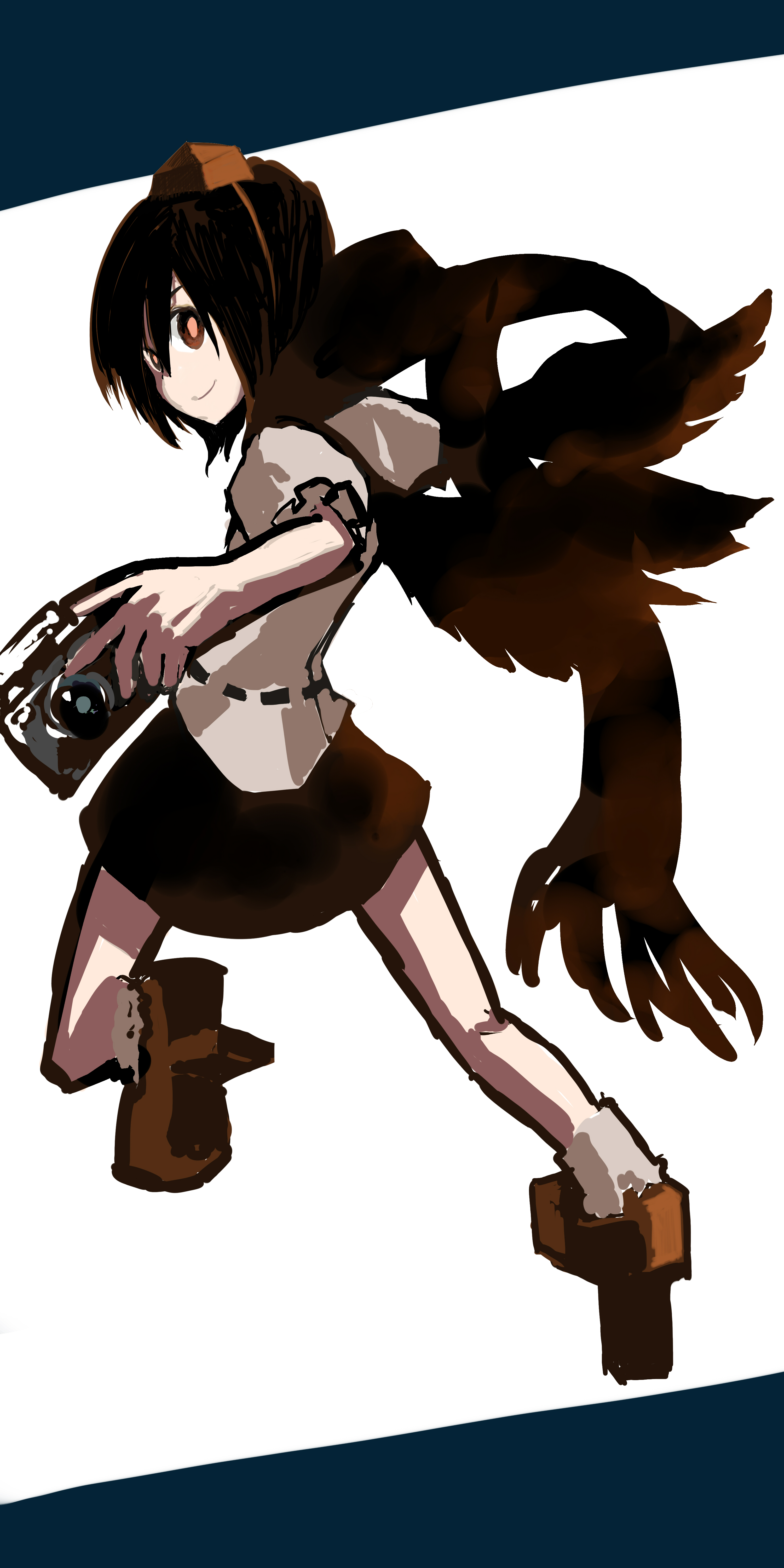 suzuki ritsu, shameimaru aya, touhou, absurdres, highres, 1girl, camera, female focus, geta, hat, looking at viewer, looking back, smile, solo, tengu, tengu-geta