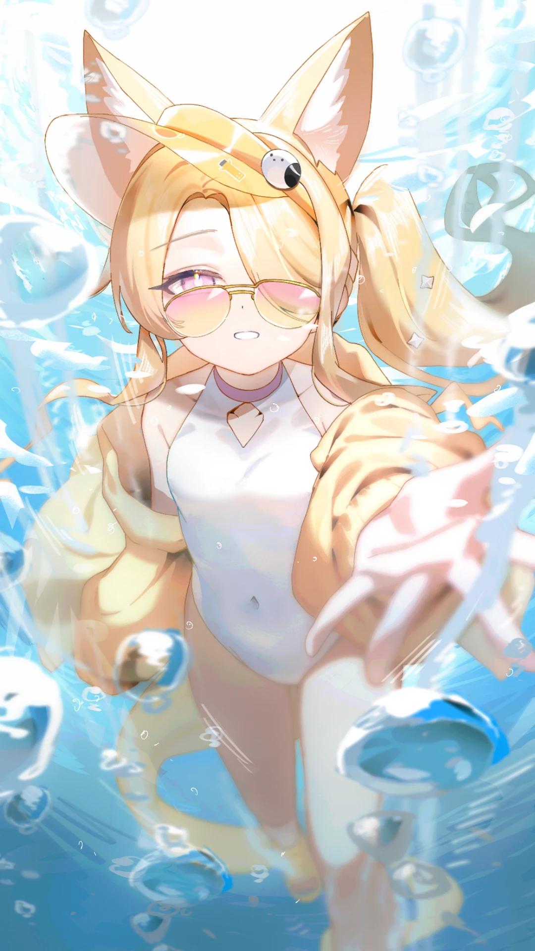 yonago miko, seia (blue archive), seia (swimsuit) (blue archive), blue archive, highres, 1girl, animal ear fluff, animal ears, bare shoulders, blonde hair, breasts, fox ears, fox girl, halo, highleg, jacket, long hair, long sleeves, looking at viewer, official alternate costume, one-piece swimsuit, side ponytail, small breasts, solo, sunglasses, swimsuit, tail, tinted eyewear, underwater, visor cap, water, white one-piece swimsuit, yellow halo, yellow jacket