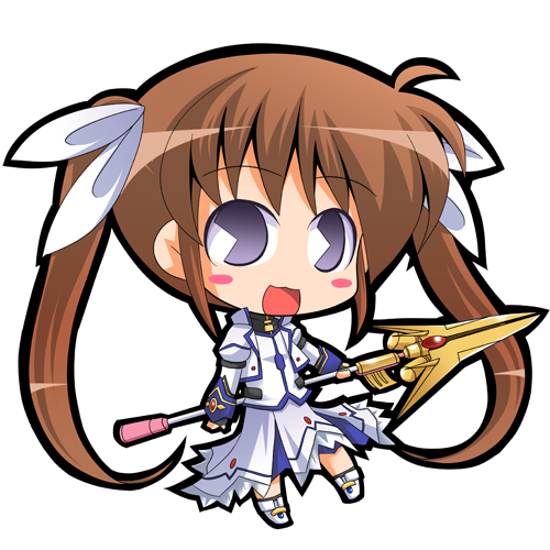 suntail, raising heart, raising heart (exceed mode), takamachi nanoha, takamachi nanoha (exceed mode), lyrical nanoha, mahou shoujo lyrical nanoha, mahou shoujo lyrical nanoha strikers, lowres, 00s, 1girl, blue eyes, brown hair, chibi, female focus, hair ribbon, long hair, magical girl, pac-man eyes, purple eyes, ribbon, smile, solo, twintails, very long hair