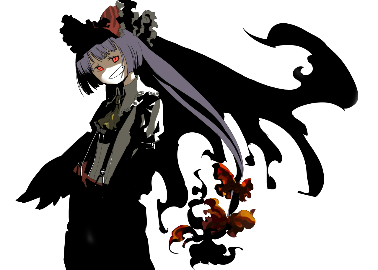 suzuki ritsu, fujiwara no mokou, touhou, 1girl, female focus, long hair, red eyes, simple background, solo, standing, suspenders, white background