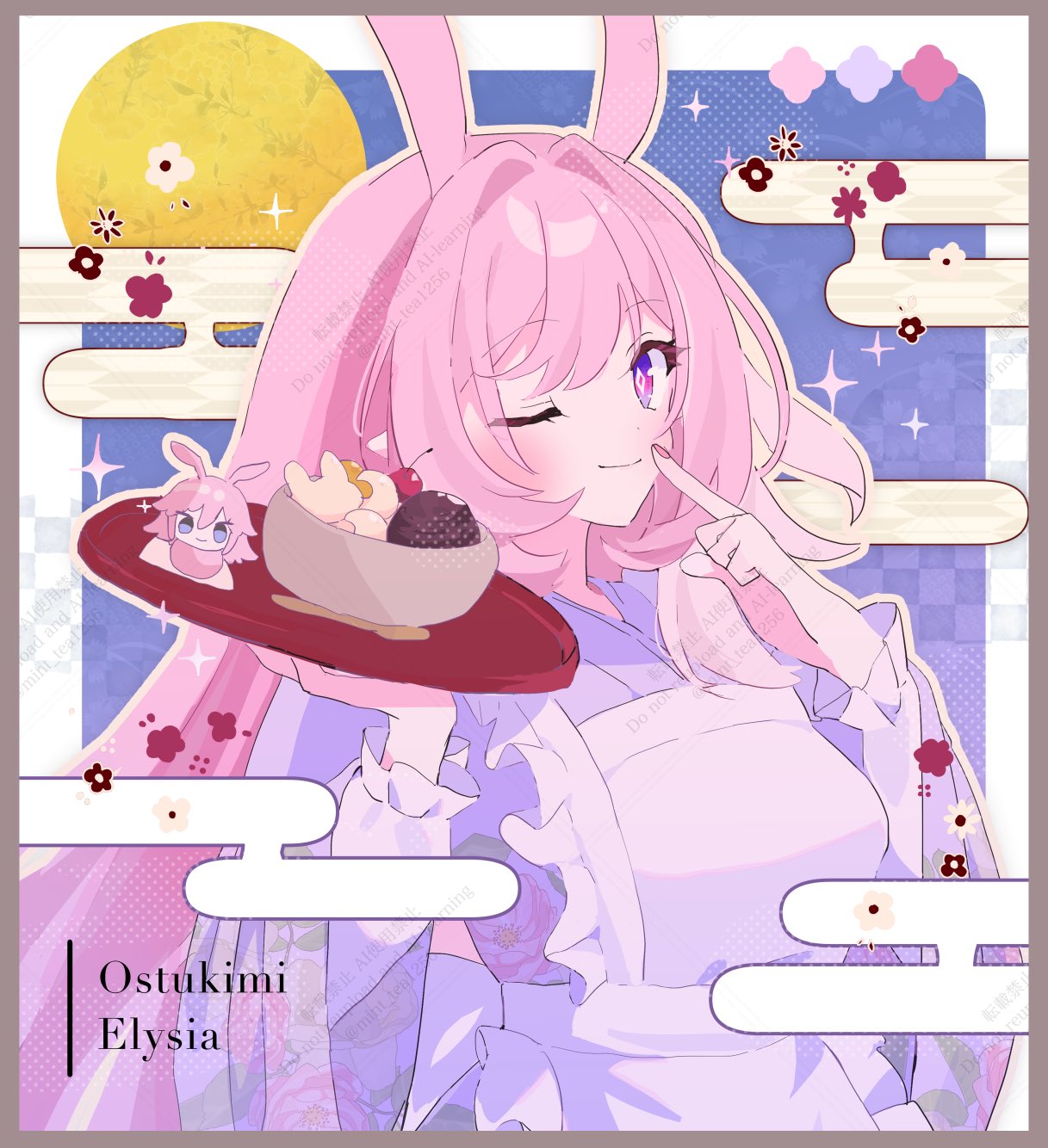 kanaria (mint tea1256), elysia (herrscher of human: ego) (honkai impact), elysia (honkai impact), yae sakura, honkai (series), honkai impact 3rd, commentary request, highres, 1girl, alternate costume, animal ears, apron, border, breasts, character name, diamond-shaped pupils, diamond (shape), elf, food, full body, full moon, gloves, grey border, holding, holding food, japanese clothes, kimono, large breasts, long hair, maid apron, moon, pink hair, pointy ears, purple eyes, purple kimono, rabbit ears, solo, symbol-shaped pupils, very long hair, white apron, white gloves